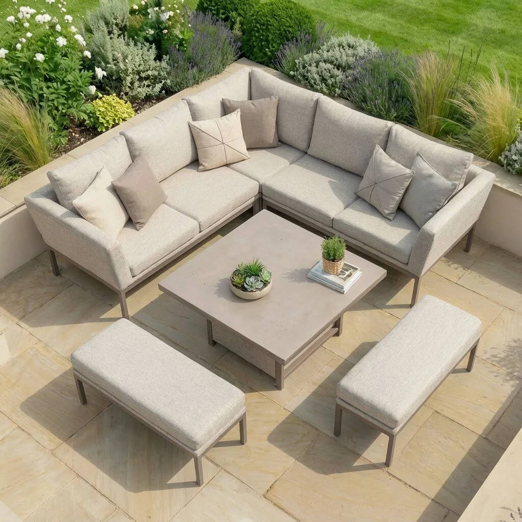 Top-down perspective of the Maze - Outdoor Fabric Pulse Square Corner Dining Set with Rising Table - Latte, displaying the compact L-shaped sofa, two benches, and central square table from Roberts Leisure, Isle of Man.