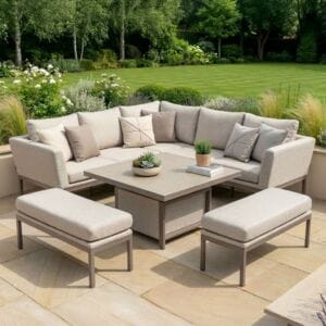The Maze - Outdoor Fabric Pulse Square Corner Dining Set with Rising Table - Latte arranged for outdoor dining, with the square rising table fully elevated. Shop premium patio furniture at Roberts Leisure, Isle of Man.