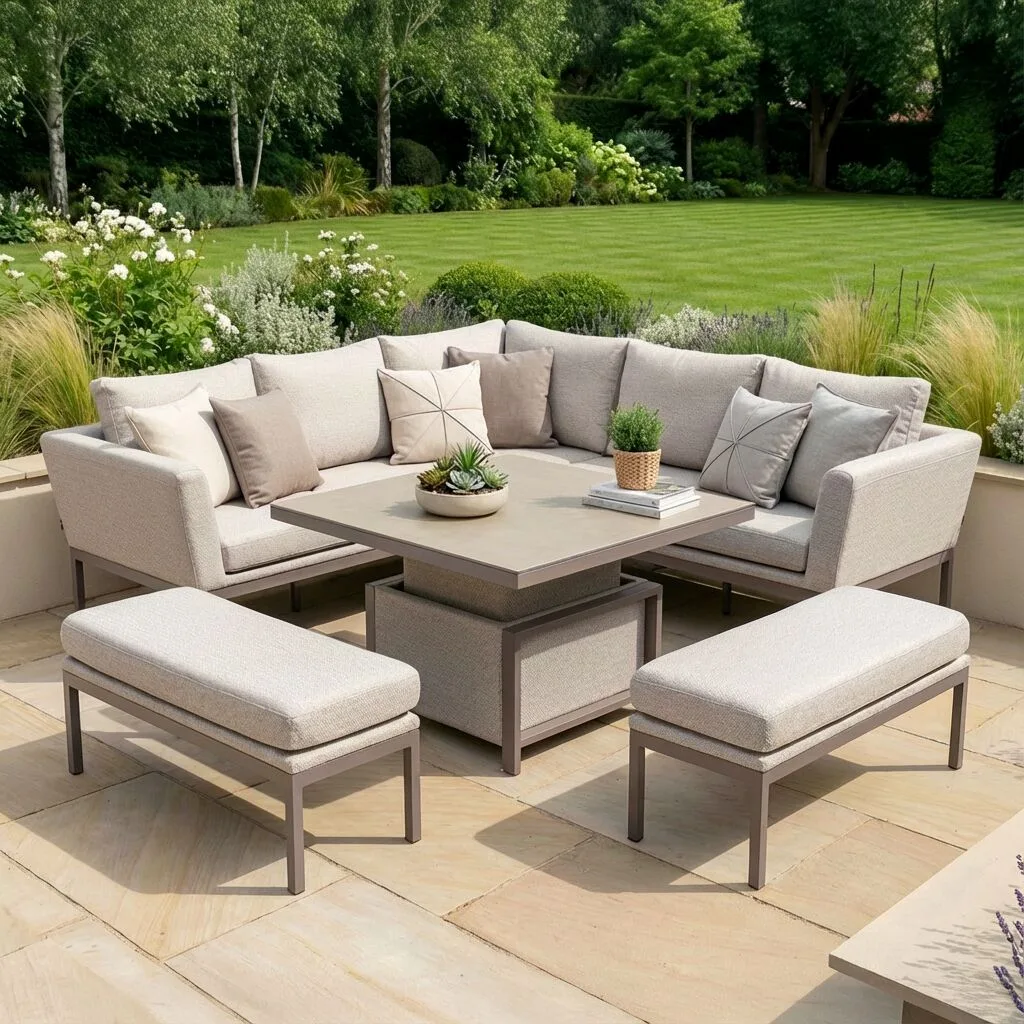 The Maze - Outdoor Fabric Pulse Square Corner Dining Set with Rising Table - Latte configured for relaxed lounging, featuring a compact corner sofa, two benches, and lowered table on a patio. Available at Roberts Leisure, Isle of Man.
