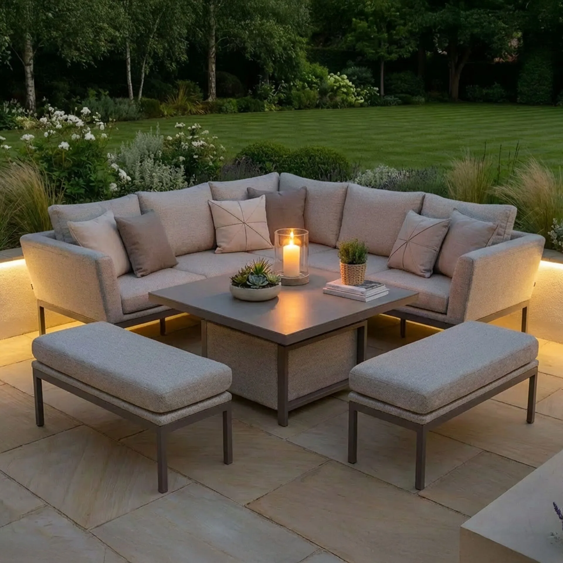 Evening view of the Maze - Outdoor Fabric Pulse Square Corner Dining Set with Rising Table - Latte, beautifully illuminated on a patio to showcase its refined, fuss-free design. Available at Roberts Leisure, Isle of Man.
