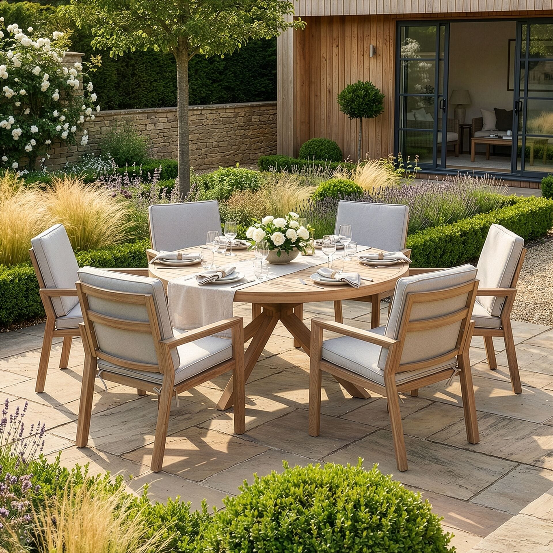 The Maze - New York 6 Seat Round Aluminium Dining Set - Wood Effect comfortably seating six on a modern patio during an evening gathering, showcased by Roberts Leisure, Isle of Man.