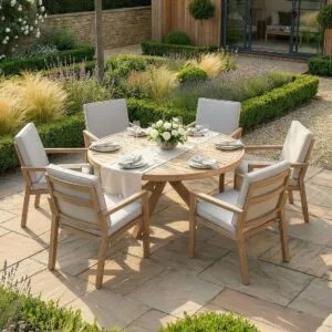 Elevated view of the Maze - New York 6 Seat Round Aluminium Dining Set - Wood Effect, highlighting the six coordinating chairs and round slatted table from Roberts Leisure, Isle of Man.