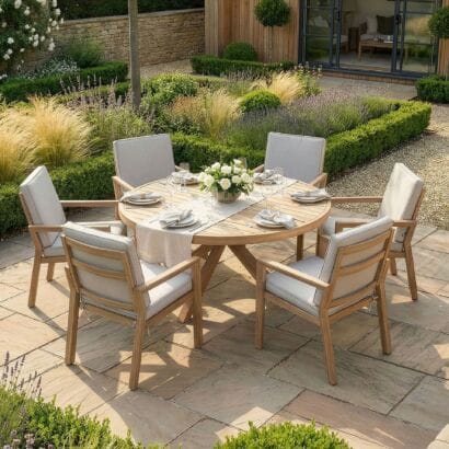 Elevated view of the Maze - New York 6 Seat Round Aluminium Dining Set - Wood Effect, highlighting the six coordinating chairs and round slatted table from Roberts Leisure, Isle of Man.