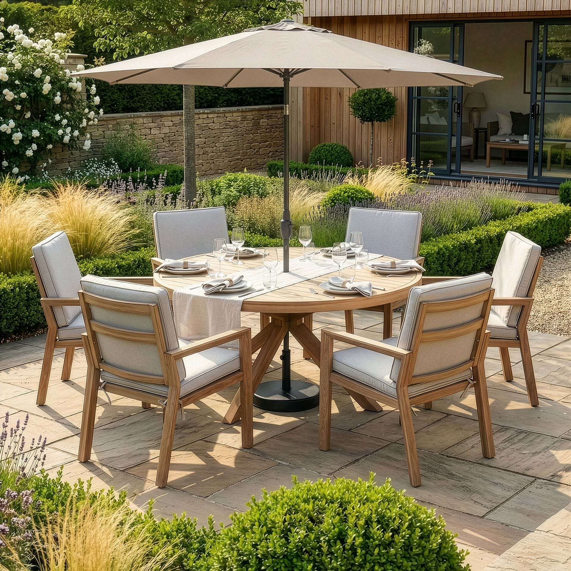 The Maze - New York 6 Seat Round Aluminium Dining Set - Wood Effect featuring a built-in parasol hole and open parasol for sunny days at Roberts Leisure, Isle of Man.