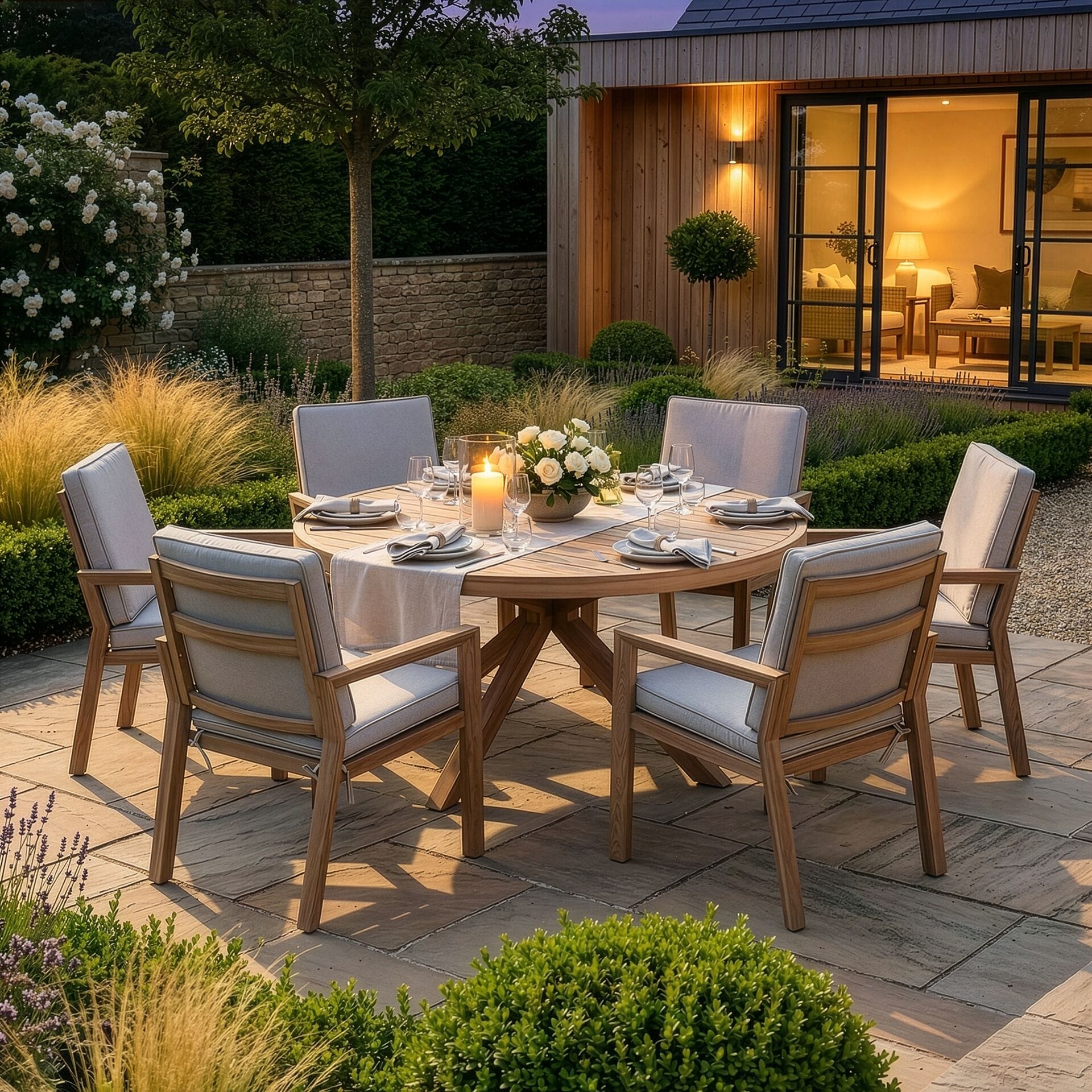 The complete Maze - New York 6 Seat Round Aluminium Dining Set - Wood Effect situated on a sunny stone patio, featuring an Almond finish frame, available at Roberts Leisure, Isle of Man.