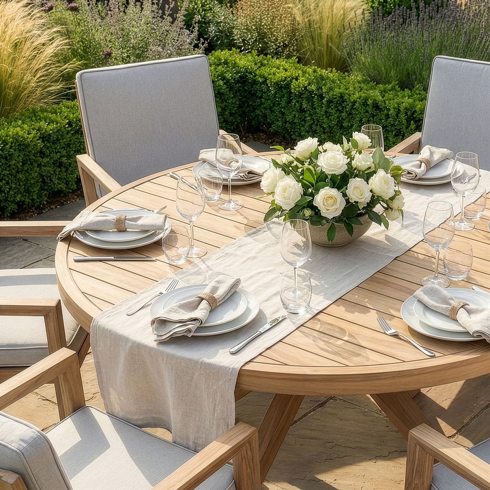 The slatted aluminium table top of the Maze - New York 6 Seat Round Aluminium Dining Set - Wood Effect, beautifully set for a garden meal at Roberts Leisure, Isle of Man.