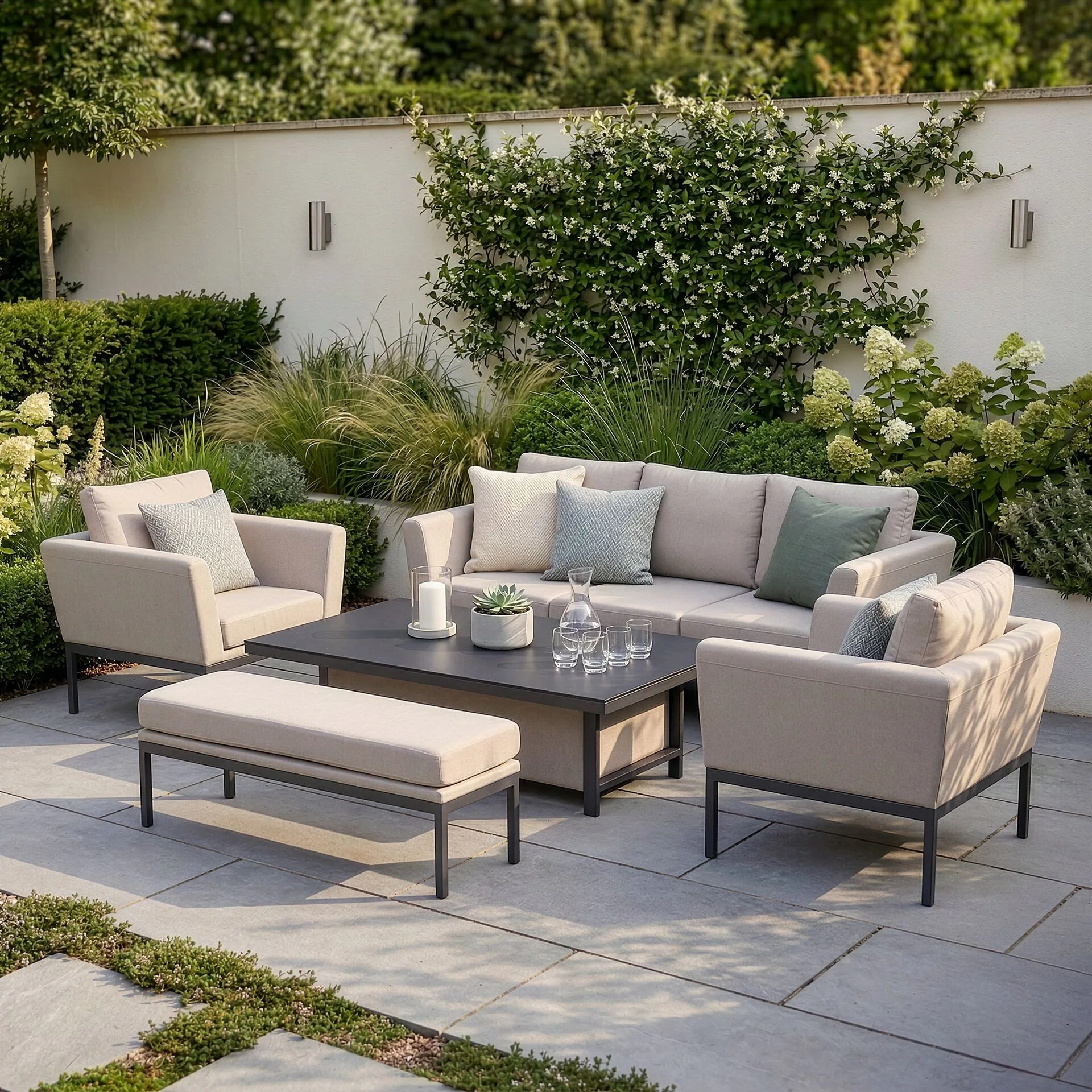 The Maze - Outdoor Fabric Pulse 3 Seat Sofa Set with Rising Table - Oatmeal, featuring a three-seater sofa, two armchairs, a fabric bench, and a lowered ceramic stone glass table on a modern patio. Available at Roberts Leisure in the Isle of Man.