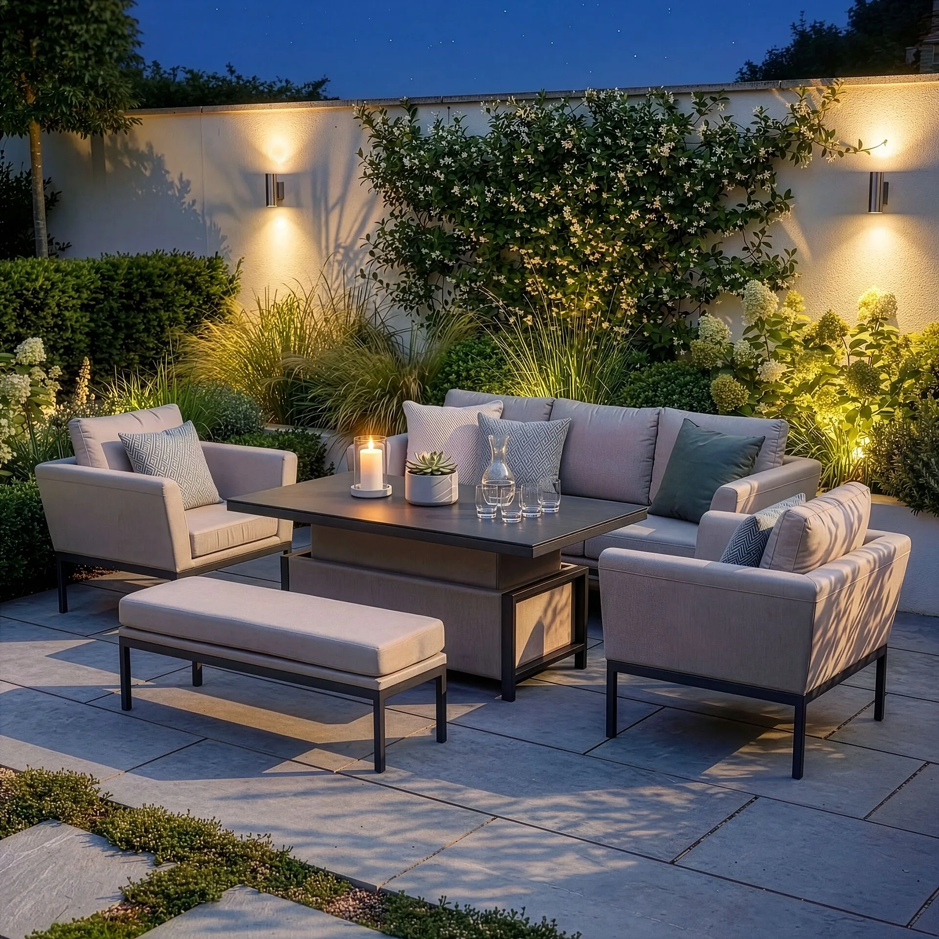 The complete Maze Pulse 3 Seat Sofa Set in Oatmeal illuminated by garden wall lights at night, with the rising table elevated for dining.
