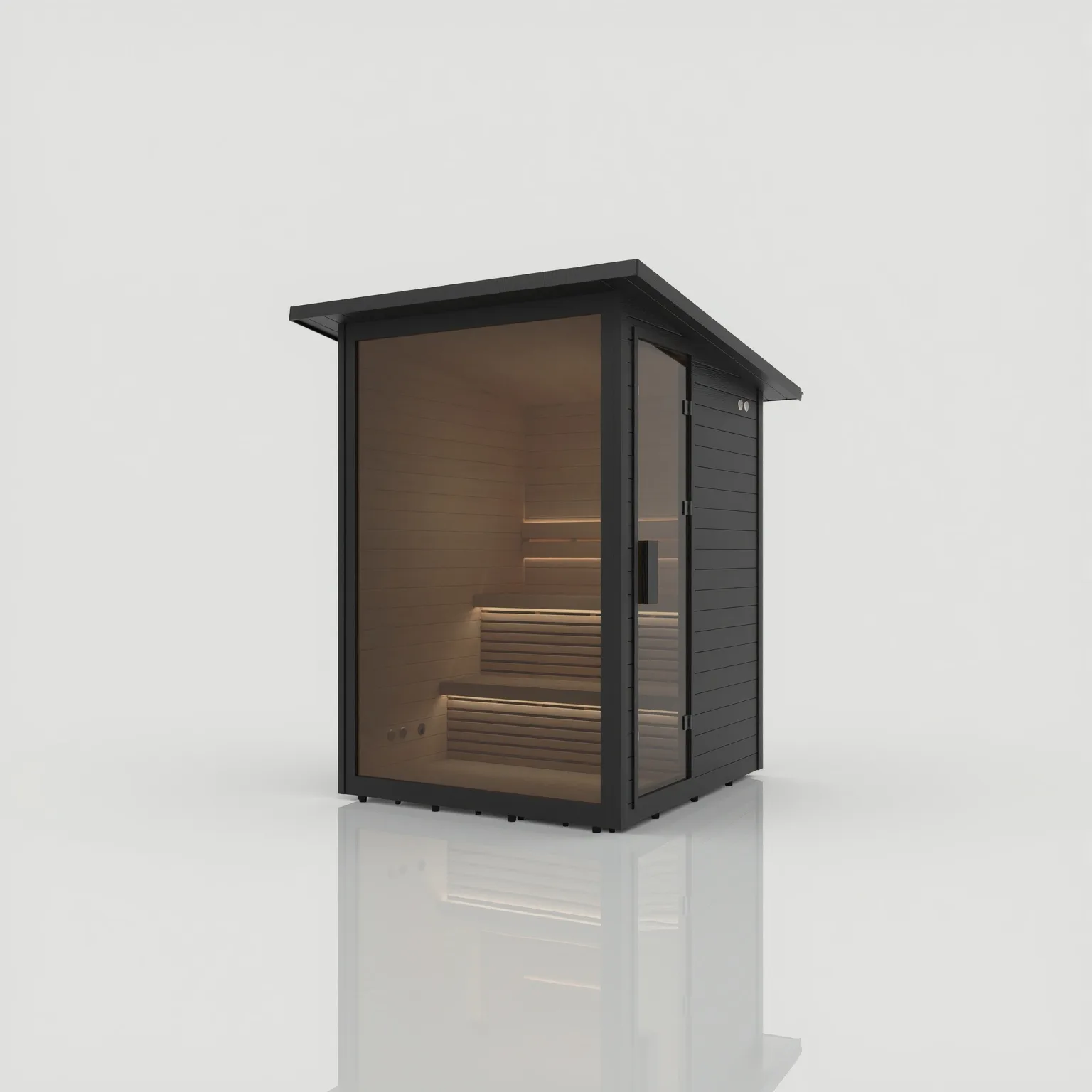 Right angled exterior view of the closed Hekla Cabin garden sauna featuring a black finish and tempered glass front, available at Roberts Leisure on the Isle of Man.
