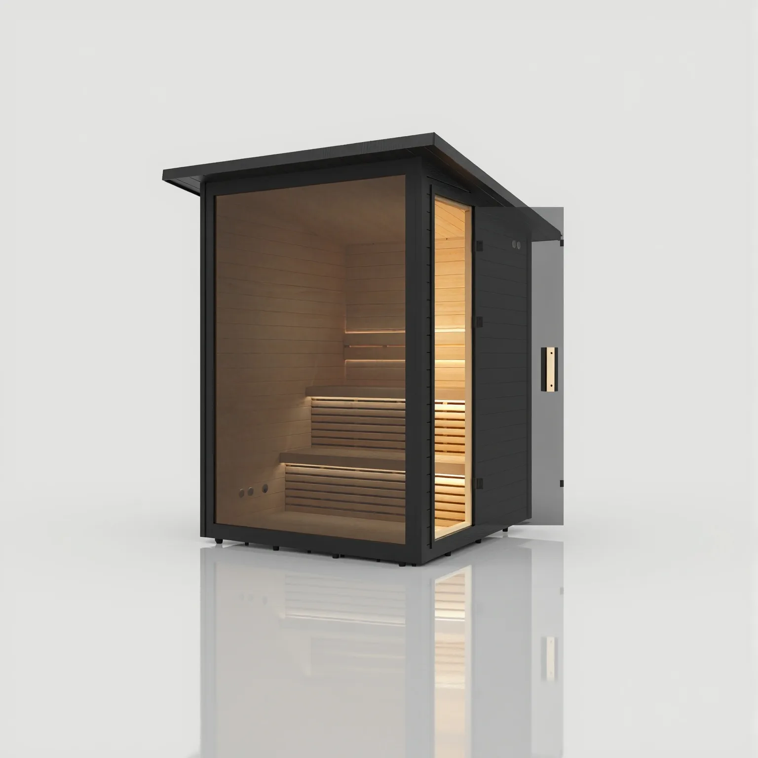 Left angled exterior view of the Hekla Cabin outdoor sauna, highlighting its sleek black weatherproof exterior and sloped roof, supplied by Roberts Leisure, Isle of Man.