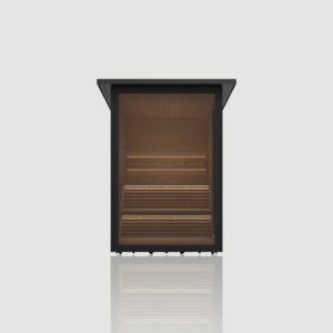 The Hekla Cabin garden sauna with its glass door open, revealing the warm, LED-lit wooden interior and benches, available from Roberts Leisure in the Isle of Man.