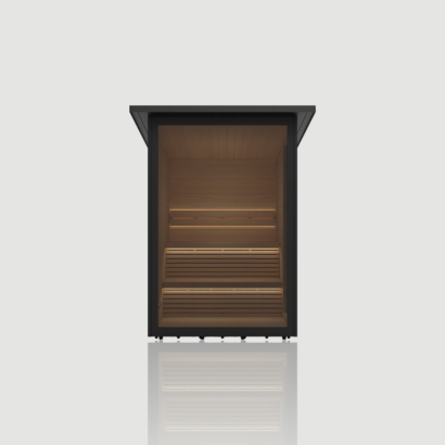 The Hekla Cabin garden sauna with its glass door open, revealing the warm, LED-lit wooden interior and benches, available from Roberts Leisure in the Isle of Man.