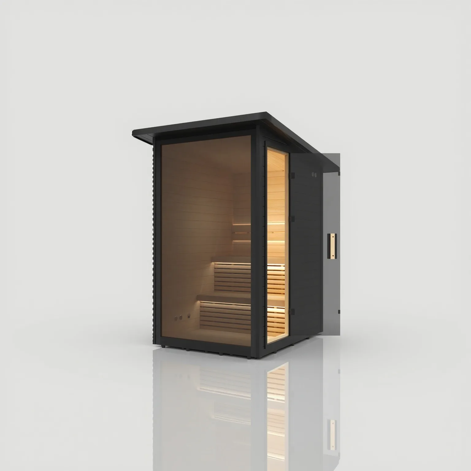 The Hekla Mini Cabin garden sauna with its glass door open, revealing the warm, LED-lit wooden interior and benches, available from Roberts Leisure in the Isle of Man.
