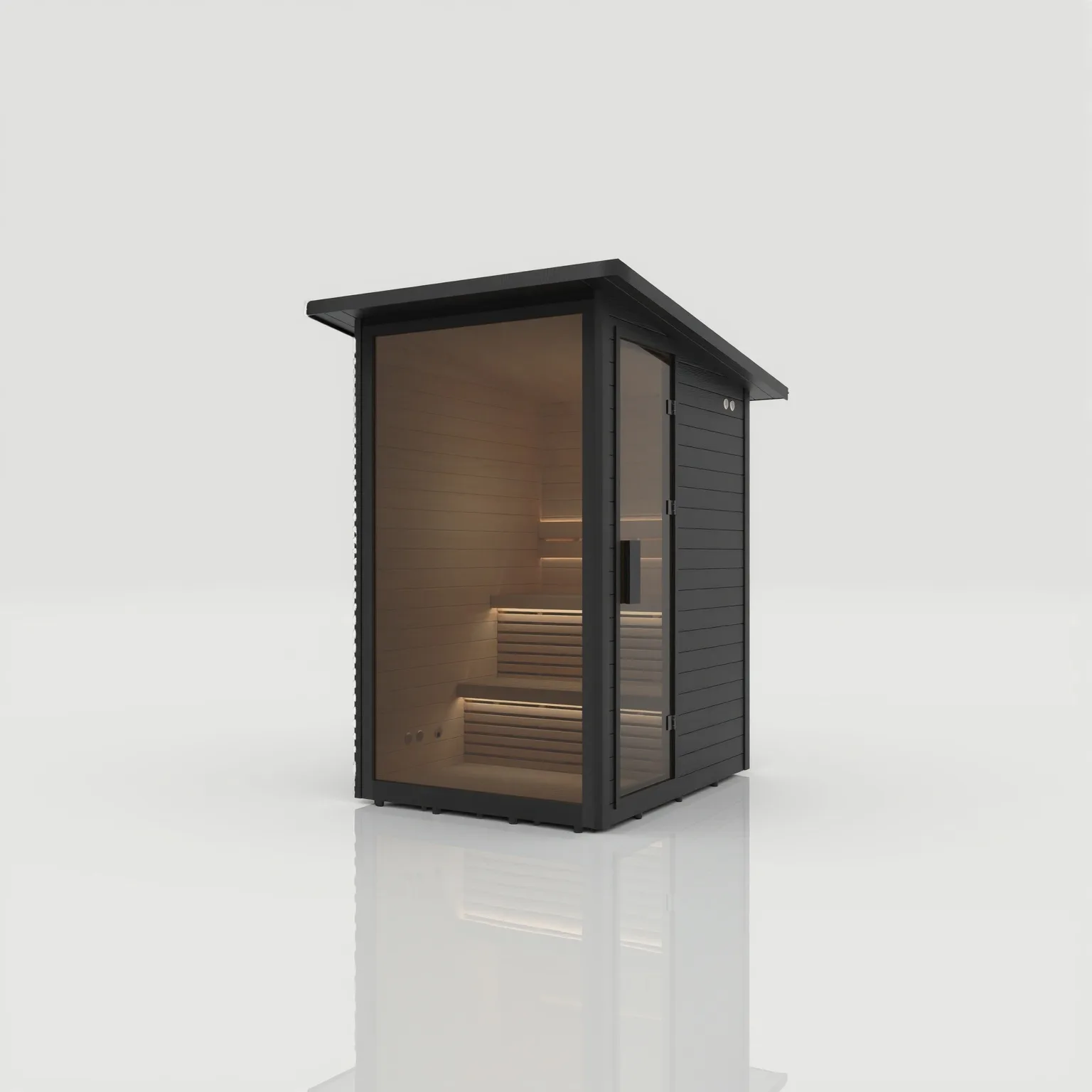 Right angled exterior view of the closed Hekla Mini Cabin garden sauna featuring a black finish and tempered glass front, available at Roberts Leisure on the Isle of Man.
