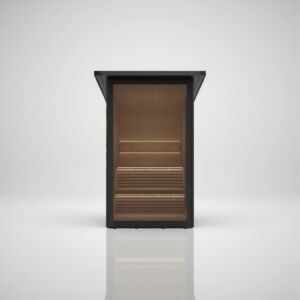 Straight front view of the Hekla Mini Cabin garden sauna, showcasing the full glass front and warm, illuminated wooden interior, available at Roberts Leisure in the Isle of Man.