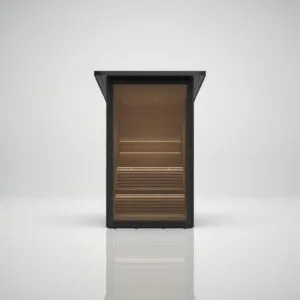 Straight front view of the Hekla Mini Cabin garden sauna, showcasing the full glass front and warm, illuminated wooden interior, available at Roberts Leisure in the Isle of Man.