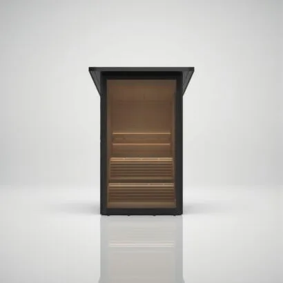 Straight front view of the Hekla Mini Cabin garden sauna, showcasing the full glass front and warm, illuminated wooden interior, available at Roberts Leisure in the Isle of Man.