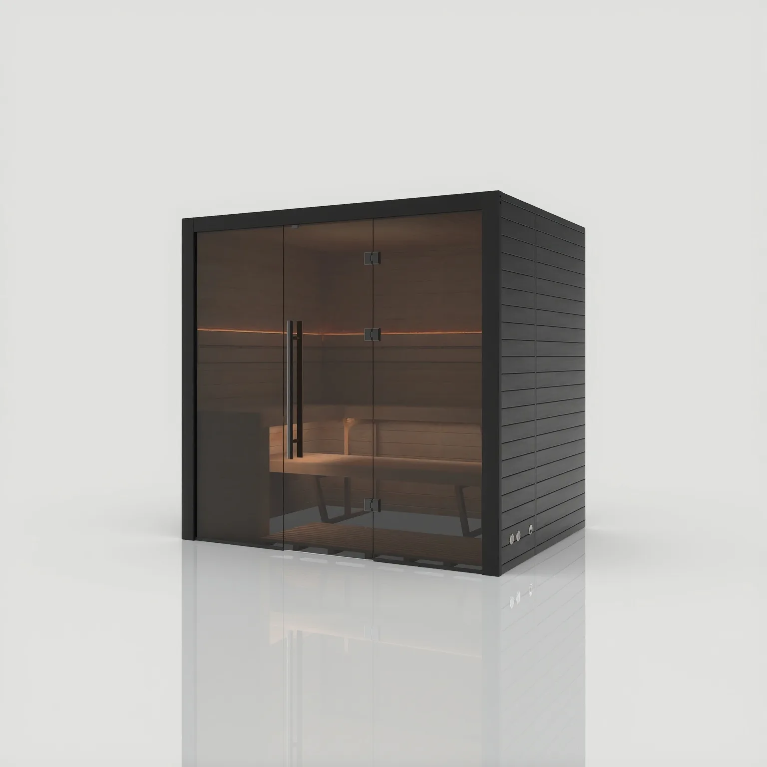 Right-angled view of the Hekla Traditional 210 sauna cabin in the Nero black finish, displaying sleek modern lines and closed tinted glass doors.