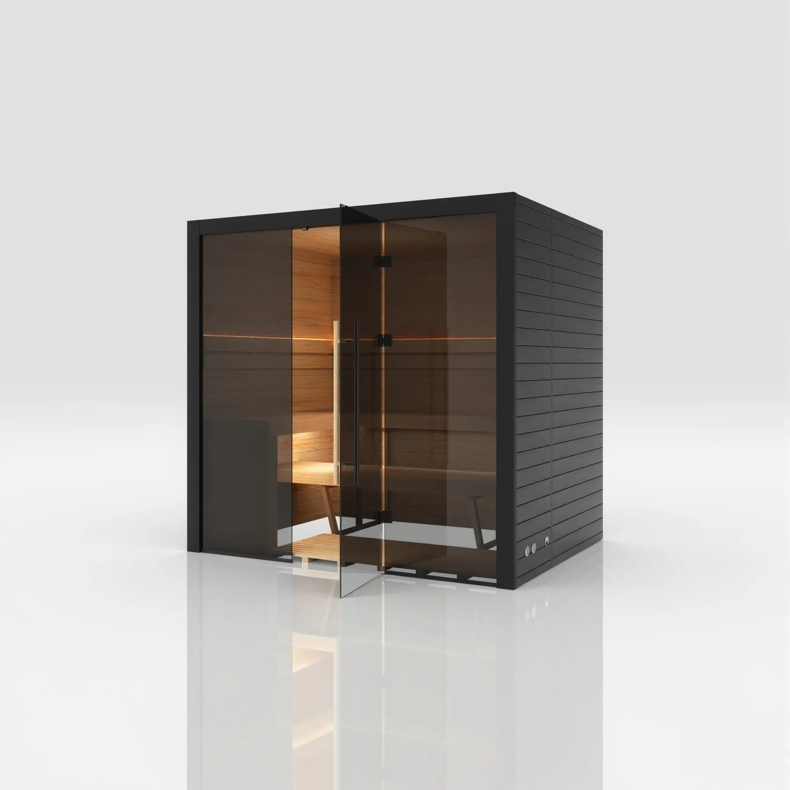 Right-angled perspective of the Hekla 210 Nero black sauna with the glass door open, highlighting the built-in Chromotherapy LED lighting and Thermo-aspen benches.