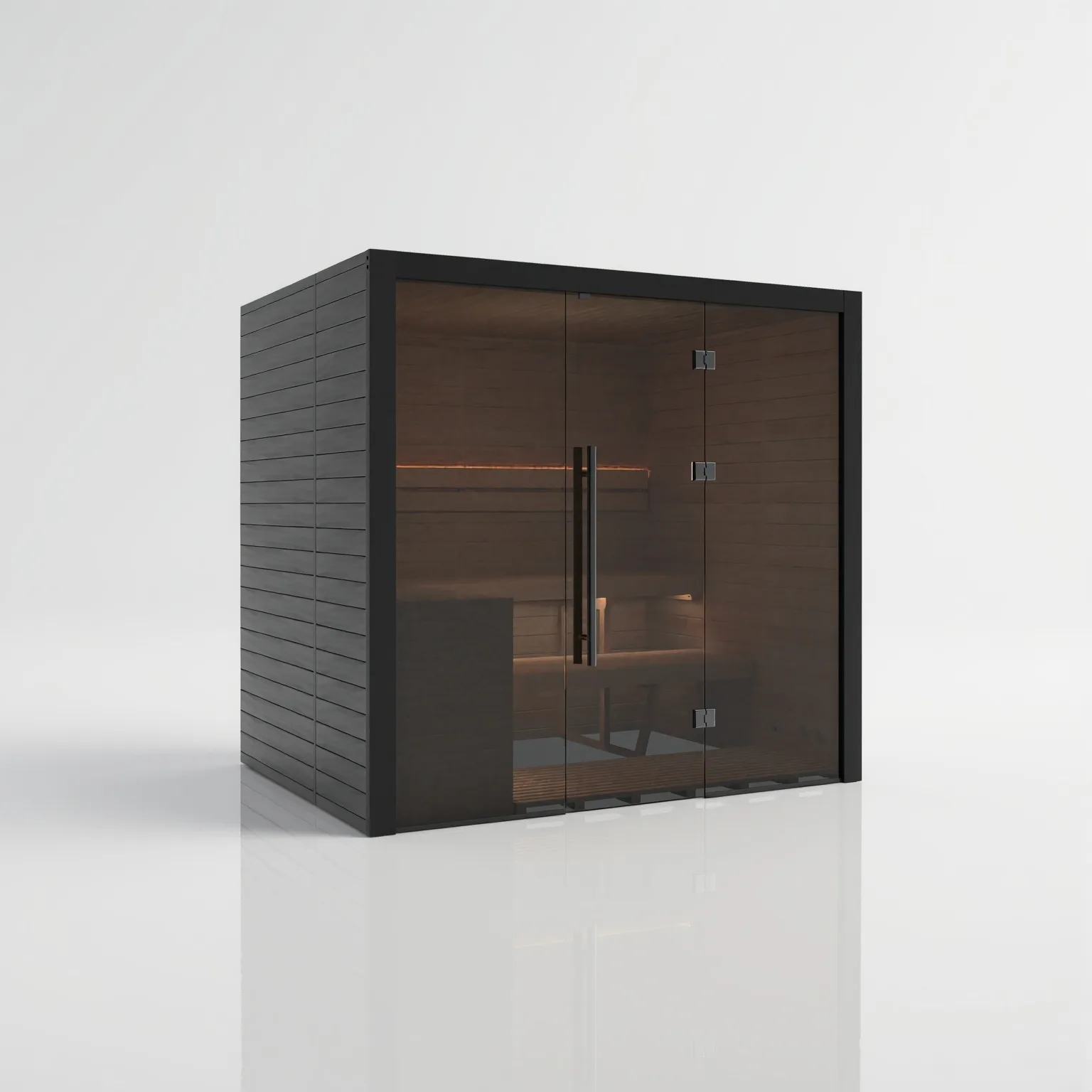 Left-angled view of the closed Hekla Traditional 210 Nero sauna, showcasing the signature black veneer exterior and grey safety glass facade.