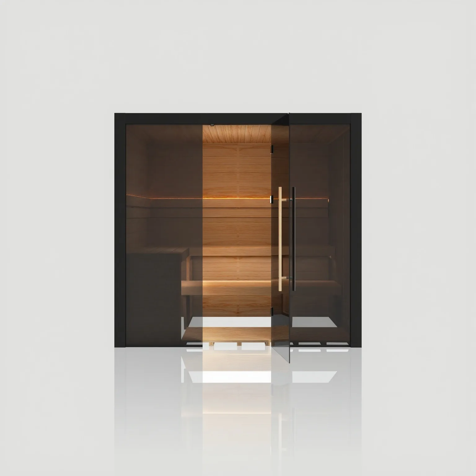 Front view of the Hekla Traditional 210 Nero indoor sauna in black with the 8mm grey safety glass door open, revealing the 48mm Thermo-aspen interior.
