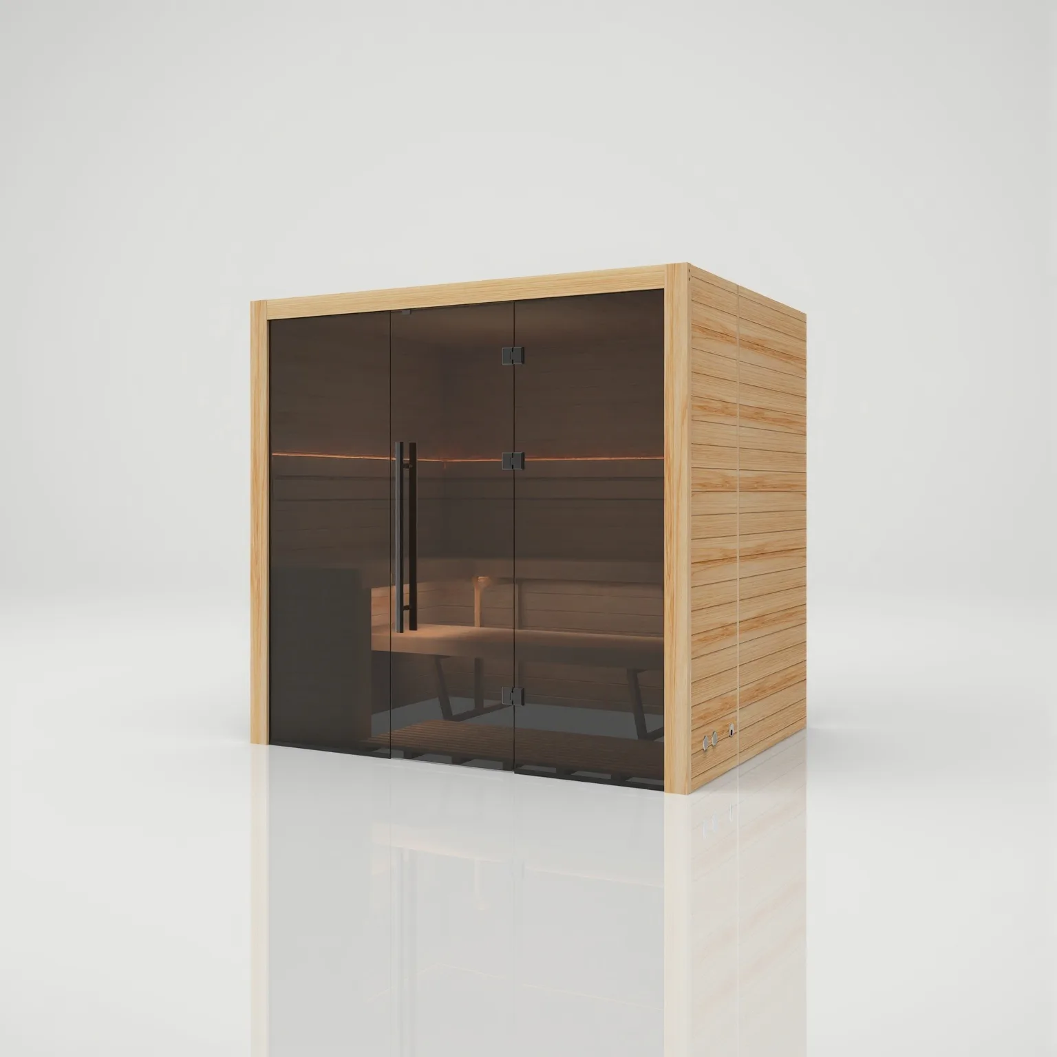 Right-angled view of the Hekla 210 Scandi sauna with one glass door open, showing warm interior LED lighting and smooth Thermo-aspen seating.