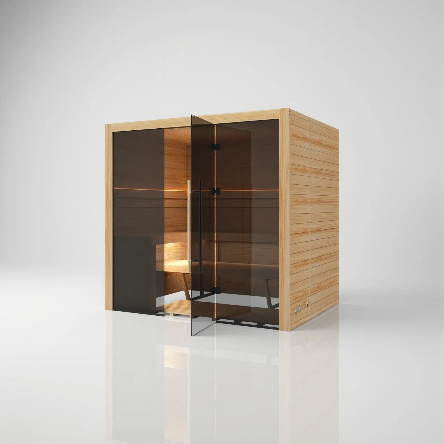 Left-angled perspective of the Hekla 210 Scandi sauna with the glass door open, revealing multi-level Thermo-aspen benches and built-in lighting.