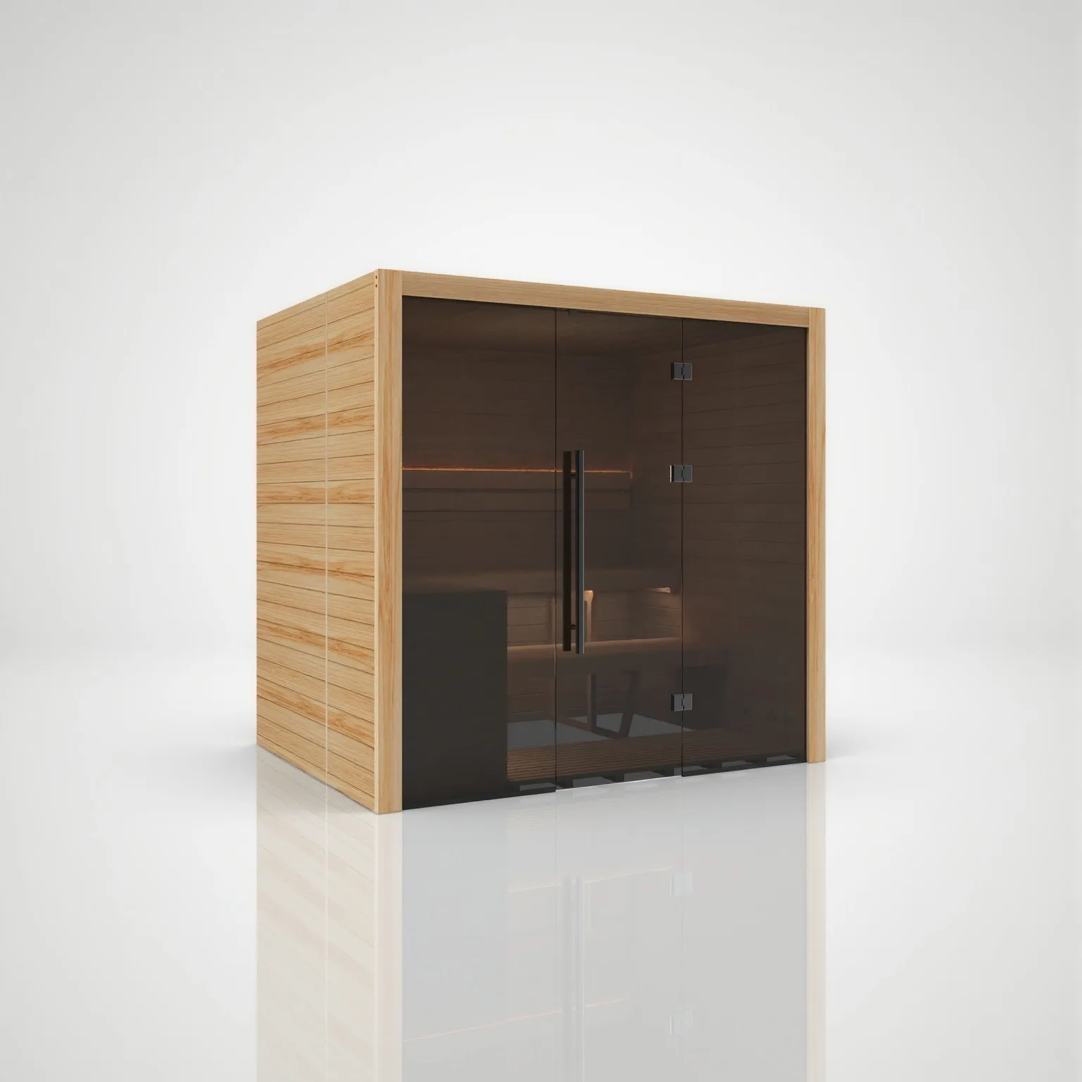 Right-angled view of the Hekla Traditional 210 Scandi sauna cabin with closed grey safety glass doors and smooth wood panelling.