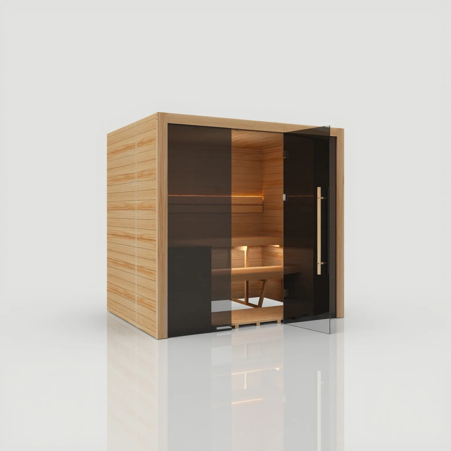 Left-angled exterior view of the Hekla Traditional 210 Scandi sauna cabin, showcasing natural wood cladding and tinted safety glass front.