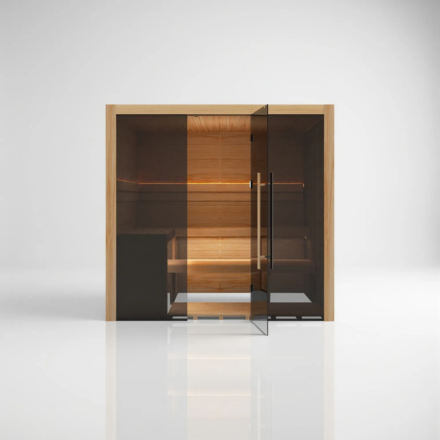Direct front view of the Hekla Traditional 210 Scandi indoor sauna in a natural Thermo-aspen wood finish with 8mm grey safety glass doors.