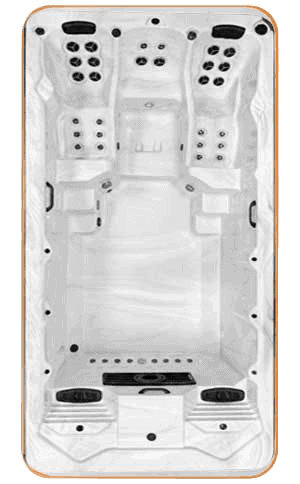 Top-down view of the 18-foot Polar Bear All-Weather Pool, showcasing a spacious open swim area, hydrotherapy jets, and two ergonomic loungers.
